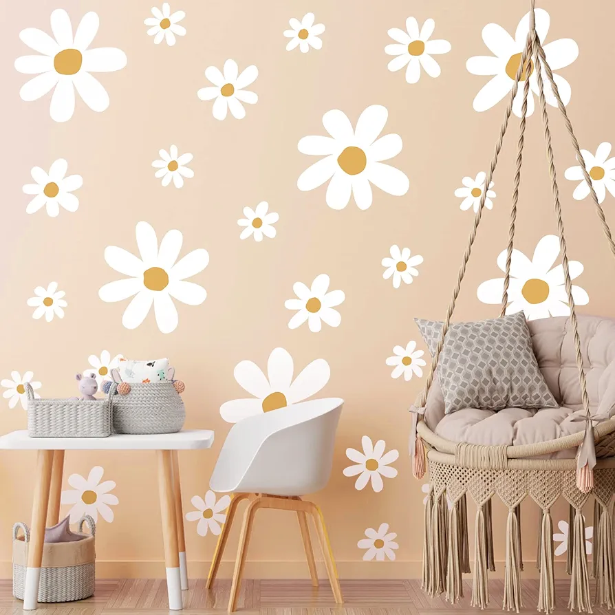 12 Sheets Daisy Wall Decals Flower Wall Stickers Large Daisy Wall Stickers Daisy Decals for Wall Peel and Stick for Nursery Kids Girls Bedroom Living Room Wall Decor(Cute Style)