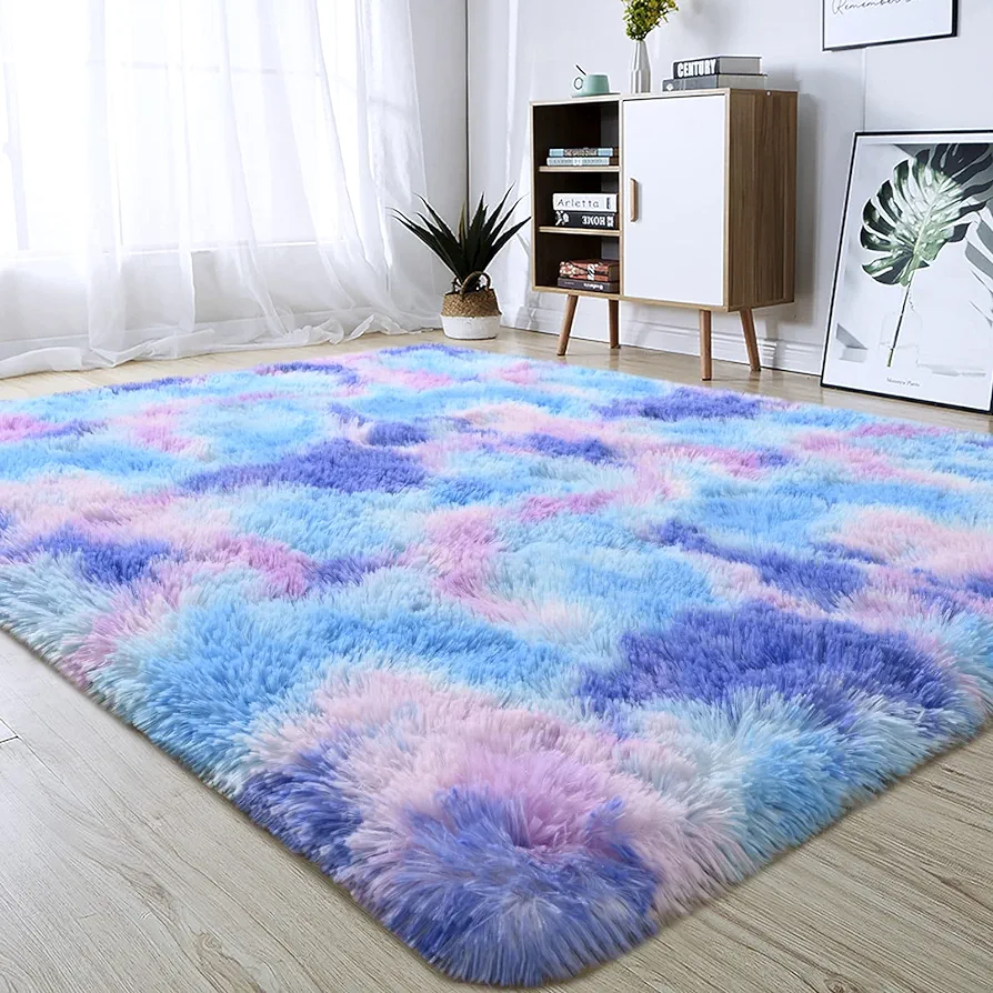 junovo Soft Rainbow Area Rugs for Girls Room, Fluffy Colorful Rugs Cute Floor Carpets Shaggy Playing Mat for Kids Baby Girls Bedroom Nursery Home Decor, 6ft x 9ft Tie-dyed Purple