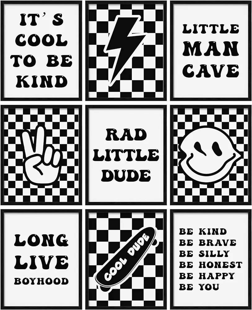 Eersida 9 Pcs Retro Checkered Preppy Lightning Peace Sign Long Live Boyhood Rad Little Dude Poster Prints Teen Boys Poster Gifts for Boy Teen Room Dorm Decor Wall Art Unframed 8 x 10 Inch (Black)