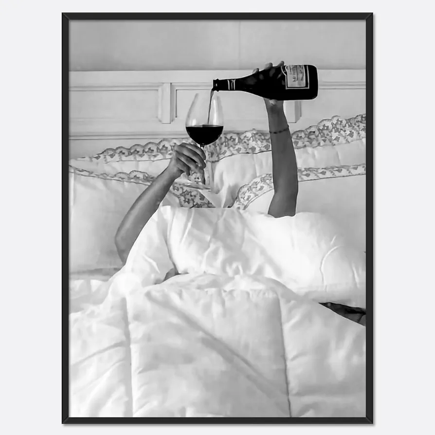 ZGQBSQ Black and White Decor Canvas Wall Art Prints Funky Posters for Room Aesthetic Trendy Teen Girl Room Wall Decor Drinking Wine in Bed for Bedroom Bar Cart Living Room 12x16in Unframed