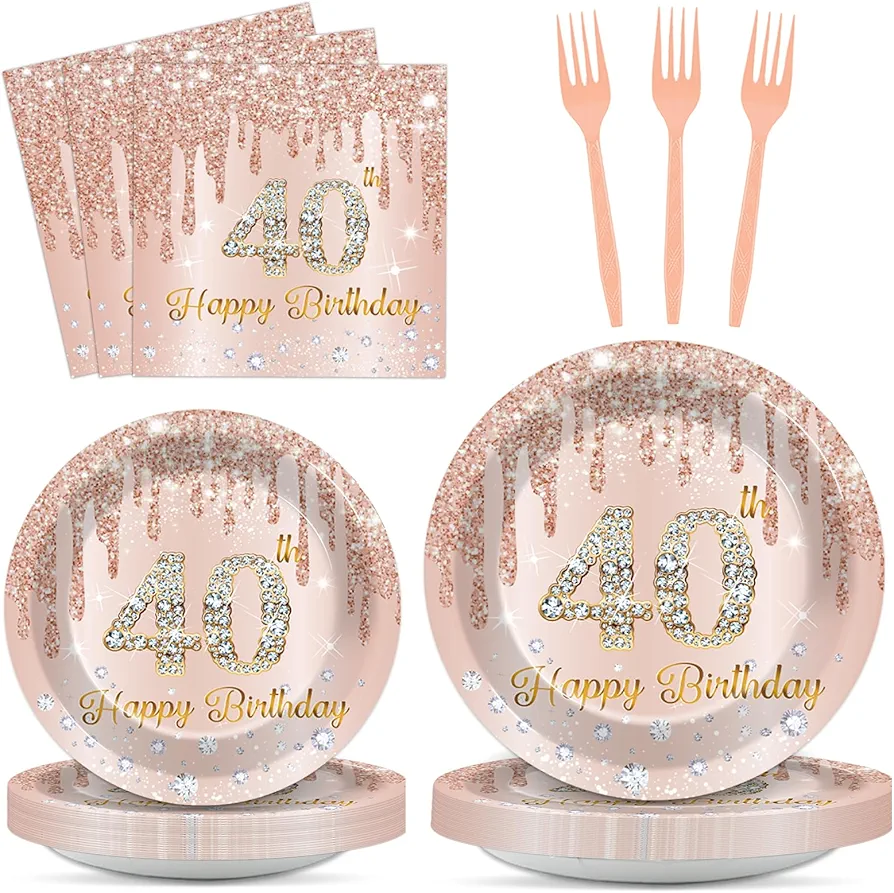 96PCS Rose Gold 40th Birthday Party Plates and Napkins Forty Year Old Birthday Party Decorations 40th Birthday Party Disposable Tableware Set Serves 24 Guests Girl Ladies Women Birthday Party Supplies