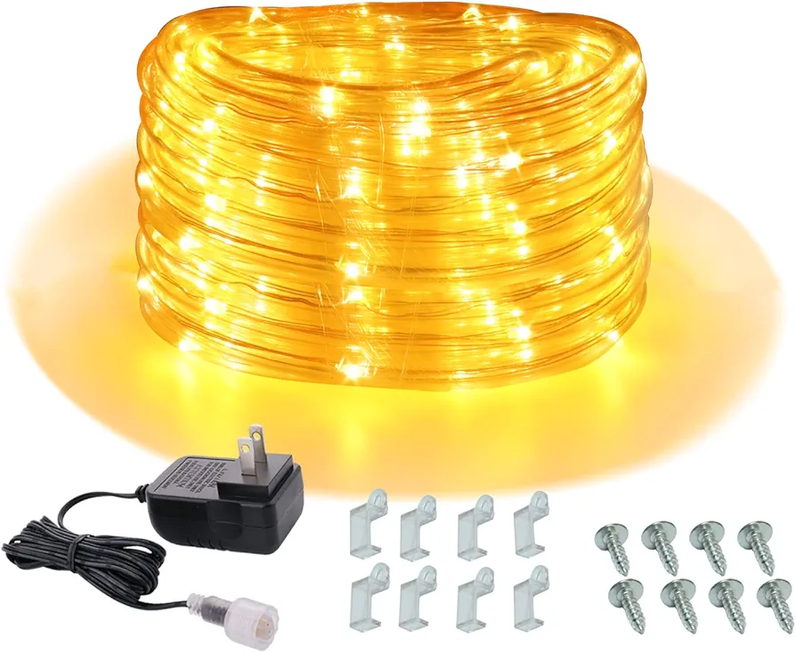 32ft Mini Rope Lights Waterproof, Yellow Light Strips Flexible, Tube Lights with Adaptor and Connector, 12v Novelty Lights for Christmas, Halloween, Party, Camping, RV, Kitchen, Bedroom, Game Room