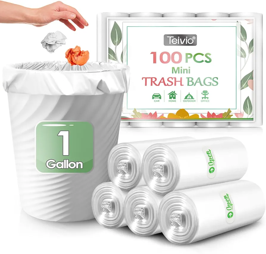 Teivio 1 Gallon 100 Counts Mini Strong Trash Bags 1-1.2 Gallon Garbage Bags,Small Waste Basket Liners,Bathroom Trash Can Bin Liners, Plastic Bags for home office kitchen, 4-5 Liters,Clear