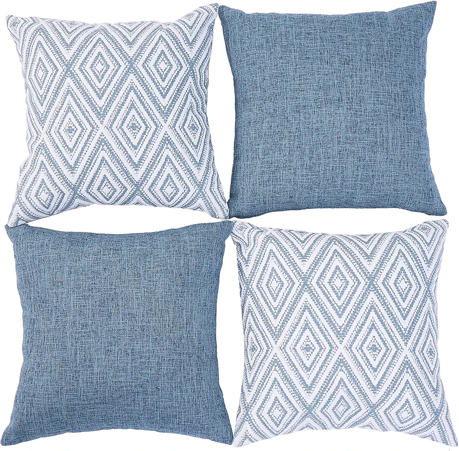 HPUK Decorative Throw Pillow Covers Set of 4 Square Couch Pillows Linen Cushion Cover for Couch Sofa Living Room, 18"x18" inches, Blue