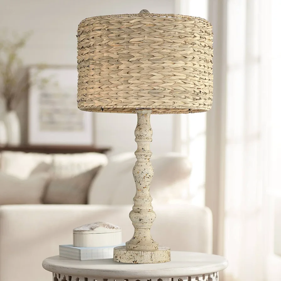 John Timberland Jackson Country Cottage Coastal Table Lamp 27.5" Tall Rustic Distressed Antique White Candlestick Rattan Drum Shade for Living Room Bedroom House Bedside Nightstand Home