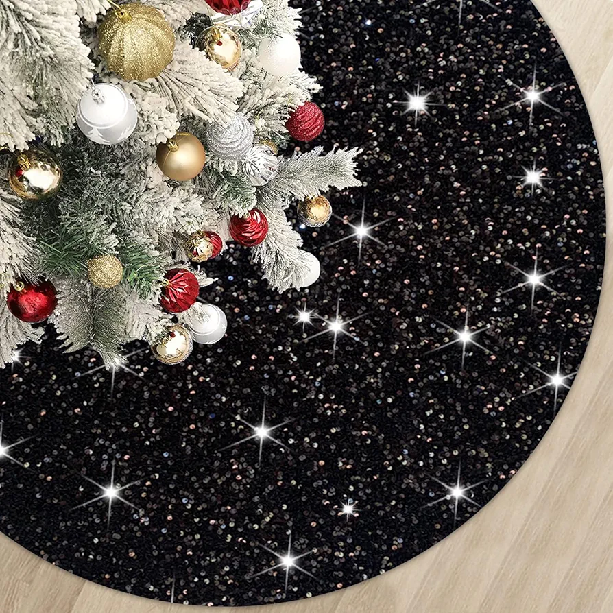 Christmas Tree Skirt 46 Inch Black Xmas Tree Skirt Soft Fabric Tree Skirts Christmas Decorations for Halloween New Year Round Velvet Tree Cover Skirt Sequin Metallic Tree Floor Base Luxury Tree Mat