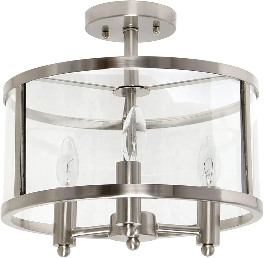 Elegant Designs FM1005-BSN Medium 13" Iron and Glass Shade Traditional Farmhouse Industrial 3-Light Ceiling Mounted Round Semi-flushmount for Bedroom Foyer Living Room, Brushed Nickel