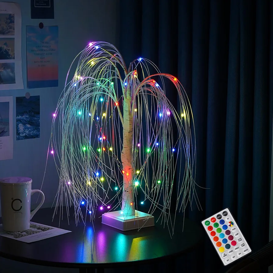 Lighted Trees for Indoor Decor with Timer, Small Christmas Tree with 60 LED Colour Lights, 2FT Light Up Willow Tree Tabletop Lamp with Remote for Birthday Thanksgiving Wedding Decor