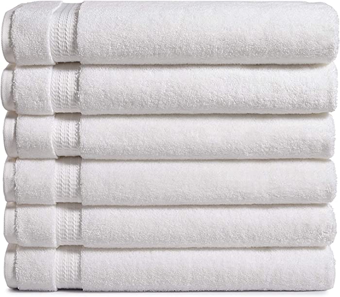 B07GPHRKF6– Amazon Commercial Cotton Bath Towel Set - Pack of 6, 27 x 54 Inches, 650 GSM, White