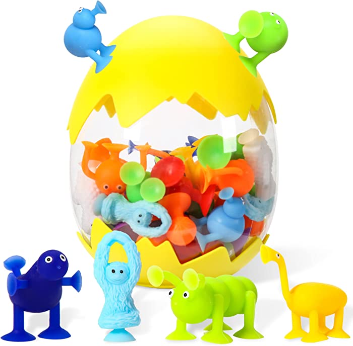 38PCS Animal Suction Cup Toys,Silicone Building Blocks Suction Bath Toys, Sensory Fidget Sucker Toy Construction Set with Eggshell Storage, Great Gift for Kids 3 4 5 6 7 Years Boys Girls (Yellow)