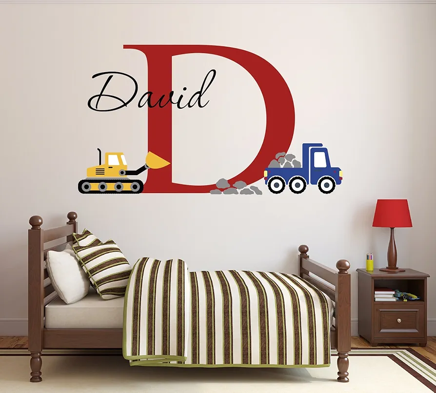 World LLC Custom Construction Truck Name Wall Decal for Boys Nursery Baby Room Art Decor Vinyl Sticker (34" W x 22" H)