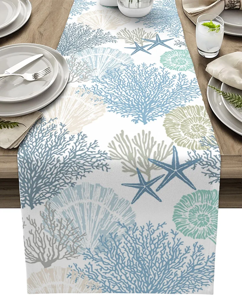 Nautical Coastal Table Runners Ocean Beach Coral Table Runners for Dining Room Starfish Blue Teal Dinner Runner Kitchen Parties Patio Decor, 13x72 Inch, GWC20240516-SHZF05710ZQDIGUO