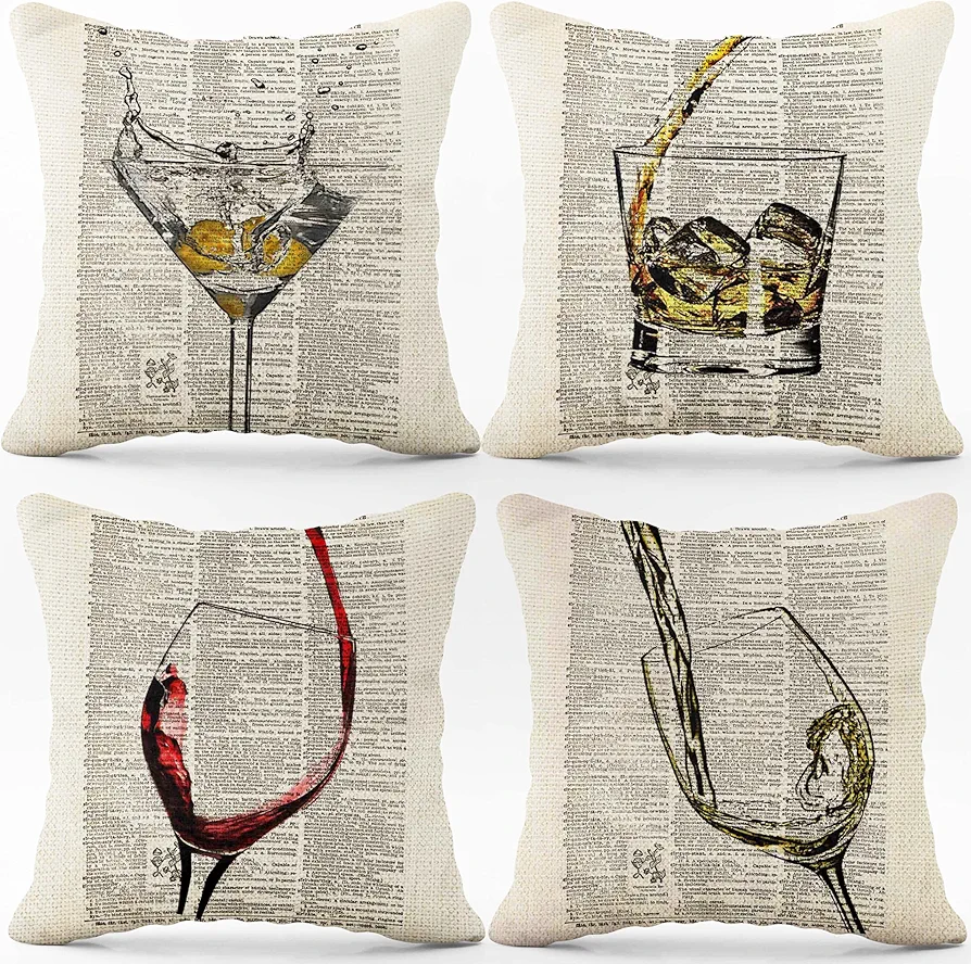 Wine and Cups Art Vintage Linen Throw Pillow Case, 18 x 18 Inch Set of 4, Home Bar Area Decor, Wine Glass Lover Gifts, Dinning Room Pillow, Dining Area Decor, Vintage Cushion Cover for Sofa Couch Bed