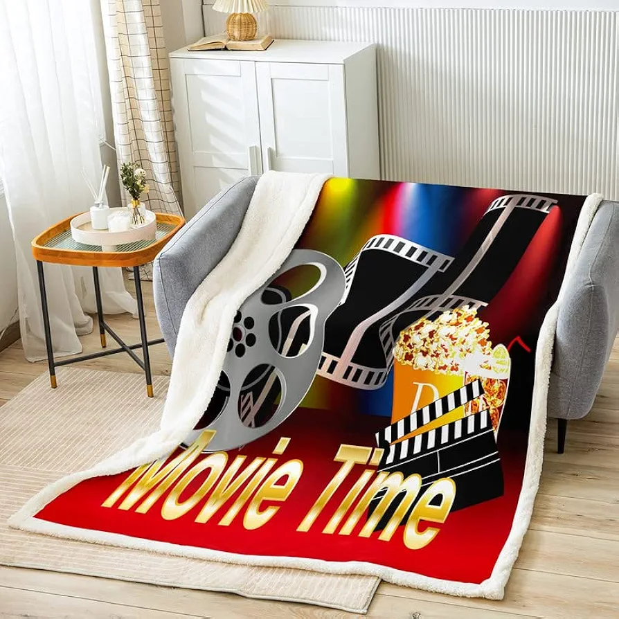 Movie Time Plush Blanket Movie Theater Fleece Throw Blanket Cinema Poster Sherpa Blanket for Children Kids Microfiber Vintage Popcorn Movie Snacks Theater Fuzzy Blanket Room Decor Twin 60"x80"