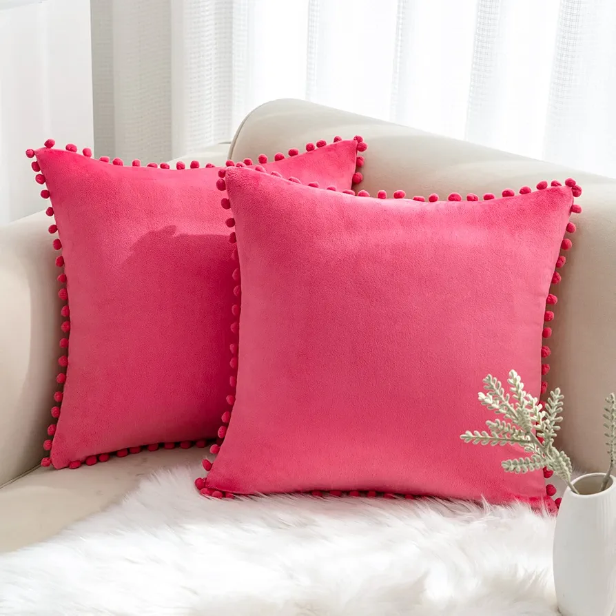 VK VK·LIVING Throw Pillow Covers 18x18 Decorative Pillow Covers with Pom-poms, Soft Velvet Hot Pink Throw Pillow Covers Set of 2 for Couch Bedroom Car