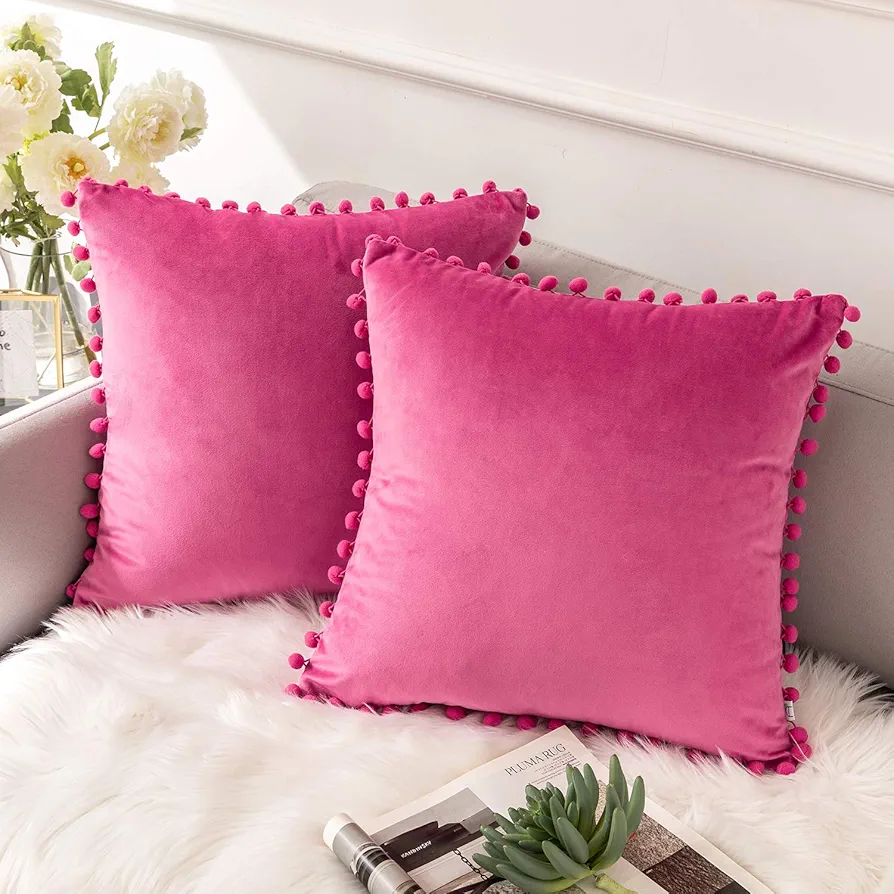 Ashler HOME DECO Throw Pillow Covers with Pom Poms Soft Particles Velvet Solid Cushion Covers 18 X 18 for Couch Bedroom Car, Pack of 2, Pink