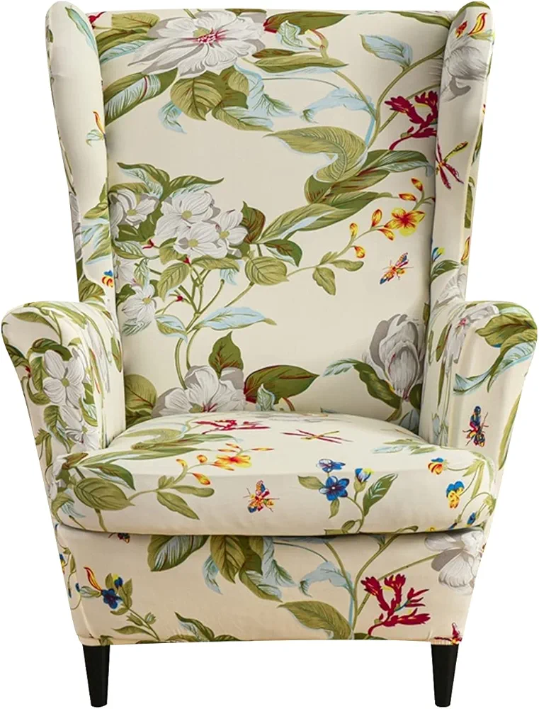 NILUOH Stretch Wingback Chair Cover 2-Piece Printed Wing Chair Slipcover Sofa Slipcover Spandex Floral Armchair Slipcovers Furniture Protector with Elastic Bottom for Living Room, 26