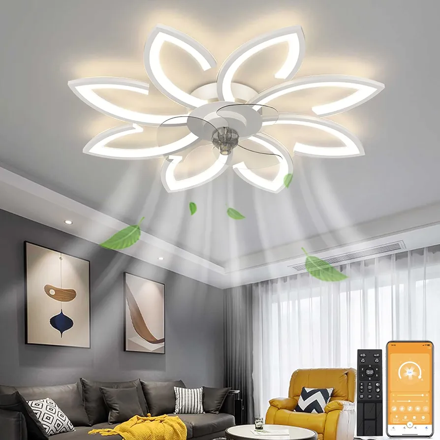 LENIVER 35.5" Ceiling Fan with Lights Remote Control, Modern Low Profile Flush Mount Ceiling Fan with Lights, Dimmable Ceiling Fans 3 Color 6 Speed for Bedroom Living Dining Room Kitchen - White