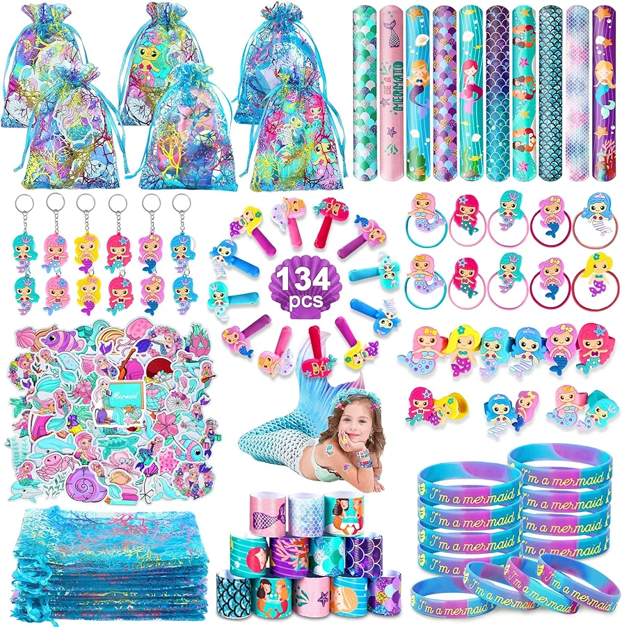 Eunvabir 134Pcs Mermaid Party Favors for Kids, Mermaid Birthday Party Decorations Toys for Girls, Goodie Bag Pinata Gifts for Classroom Prizes