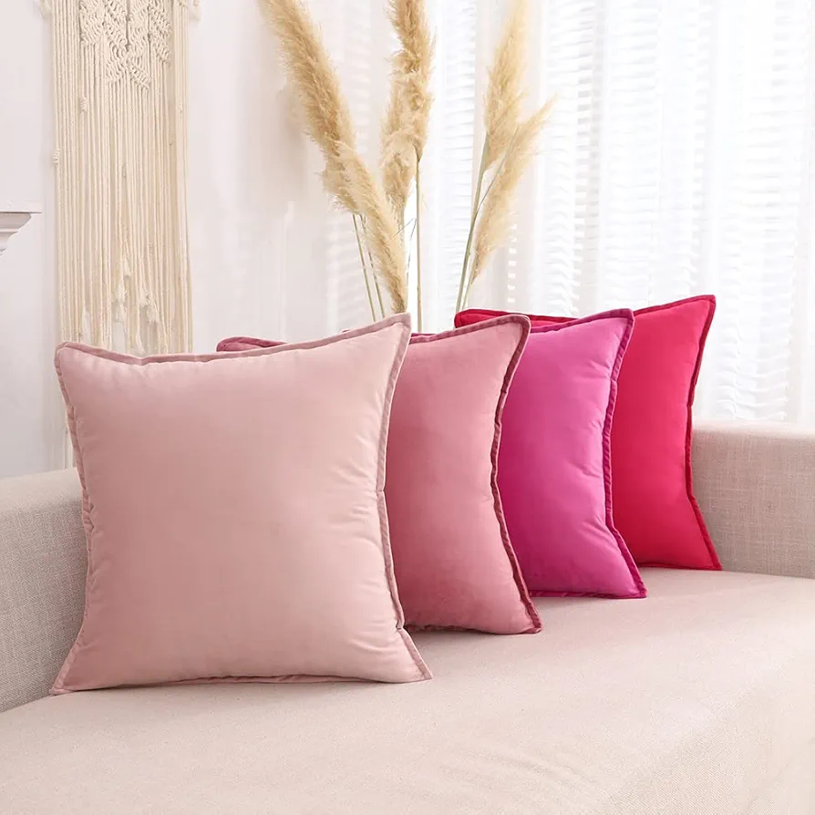 Pink Velvet Throw Pillow Covers 18x18 Set of 4 Hot Pink Light Blush Pink Room Decor Throw Pillows 18 x 18 Soft Decorative Pillows for Bedroom & Living Room (No Inserts)