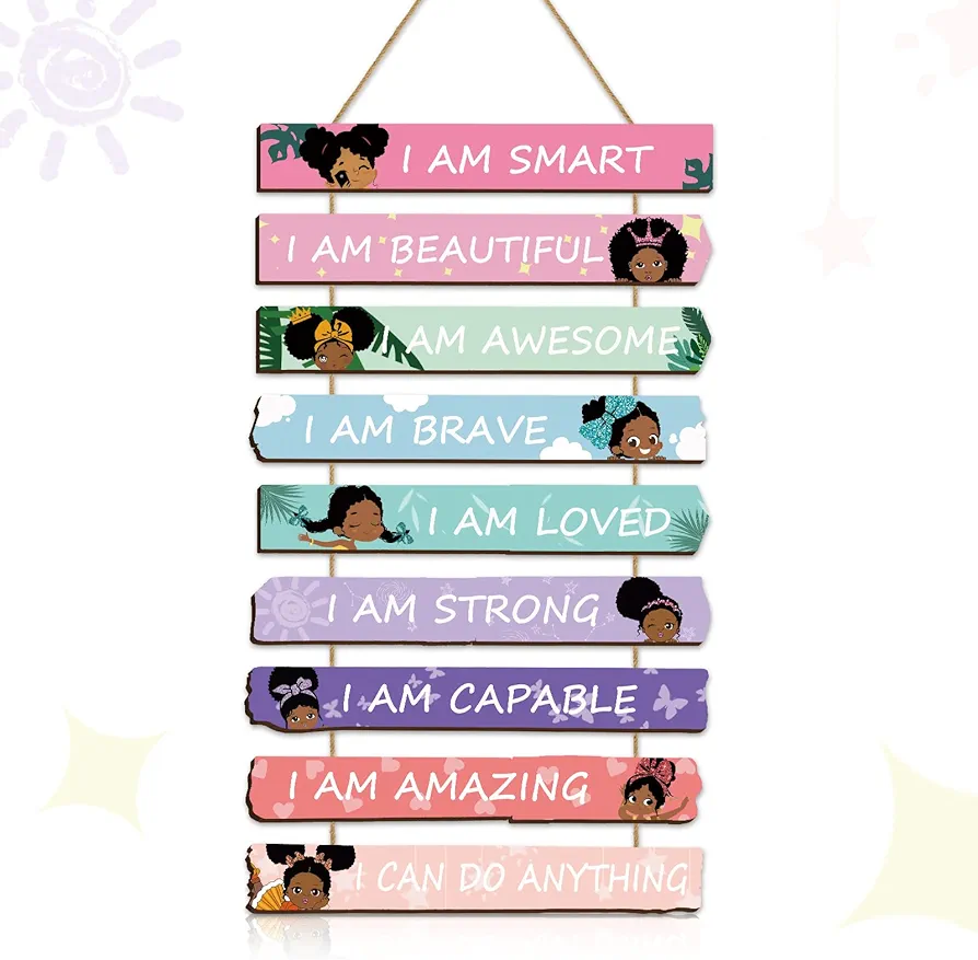 Yookeer Set of 9 Black Girl Wall Art Decor Wood Motivational Girl Room Wall Art Rainbow Color Positive Inspirational Wall Hanging Sign for Baby Kids Teen Present Bedroom Nursery Decoration