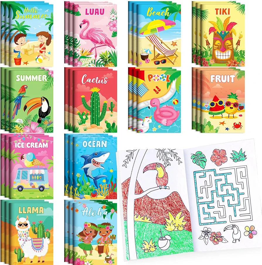 BenLouis 60 Pcs Summer Mini Coloring Books Birthday Party Favors Drawing Book Bulk for Kids Ocean Beach Flamingo Watermelon Fruit Pool Party Goodie Bag Gift Stuffer School Classroom Activity Supplies