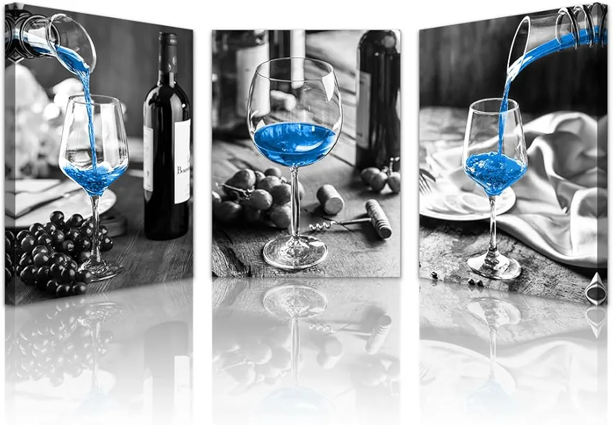 Lapremoly Canvas Wall Art For Kitchen Modern Inspiration Wall Decor For Dining Room Black And White Wine Glasses Wall Painting Blue Wine Wall Pictures Prints Art Restaurant Home Decor 3 Pieces