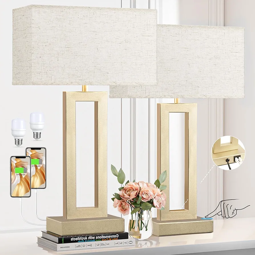 Seealle 22" Tall bedroom lamps for living room - Touch Gold Bedside Lamps with USB C+A, 3 Way Dimmable Lamp for Nightstand, Modern Night Stands Lamps for End Tables(Beige&Gold)