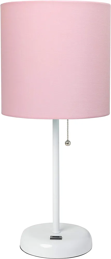 Simple Designs LT2044-POW White Stick Table Desk Lamp with USB Charging Port and Drum Fabric Shade, Light Pink Shade