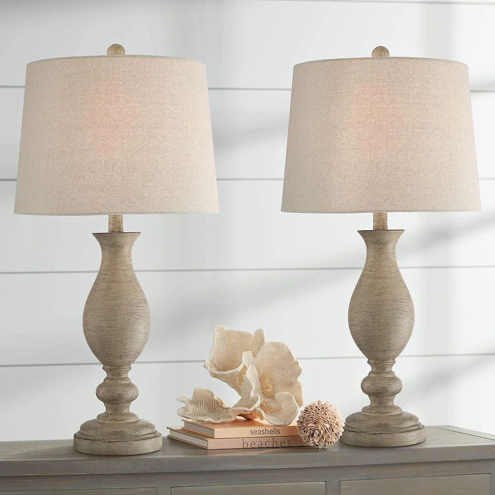 Regency Hill Serena Country Cottage Traditional Style Table Lamps 27.5" Tall Set of 2 Cream Beige Gray Faux Wood Oatmeal Drum Shade for Living Room Bedroom House Bedside Nightstand Home