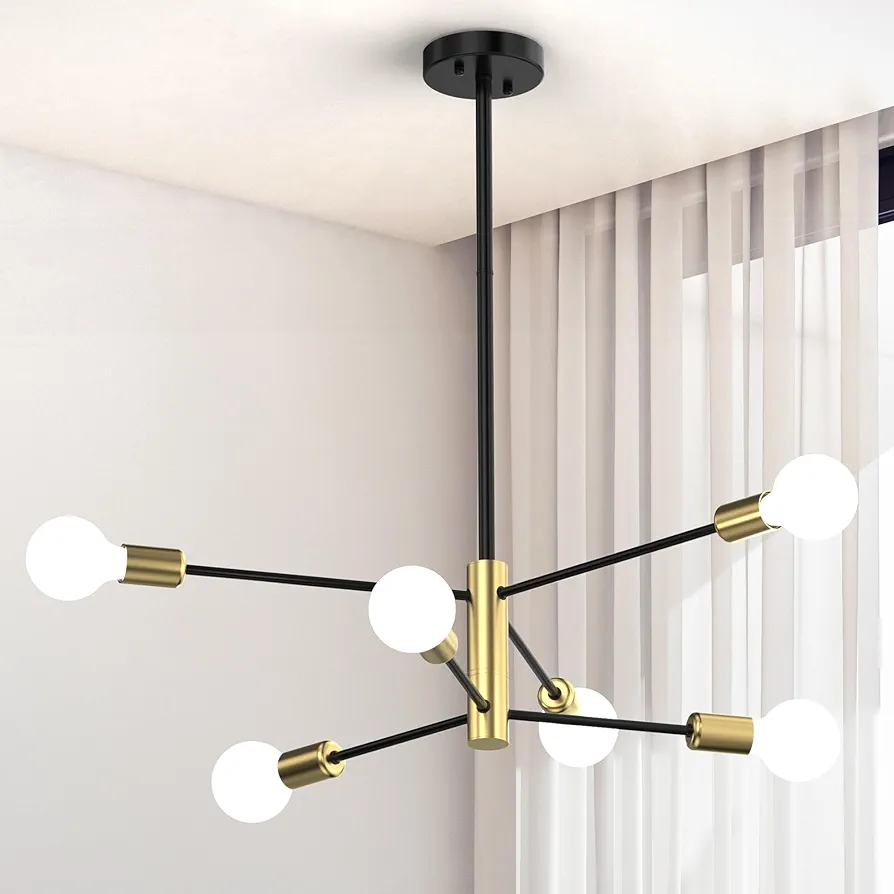 Modern Sputnik Chandeliers for Dining Room, Height Adjustable Semi Flush Black and Gold Chandelier Ceiling Mount Light Fixture 6-Light Mid Century for Living Room, Kitchen Island, Bedroom