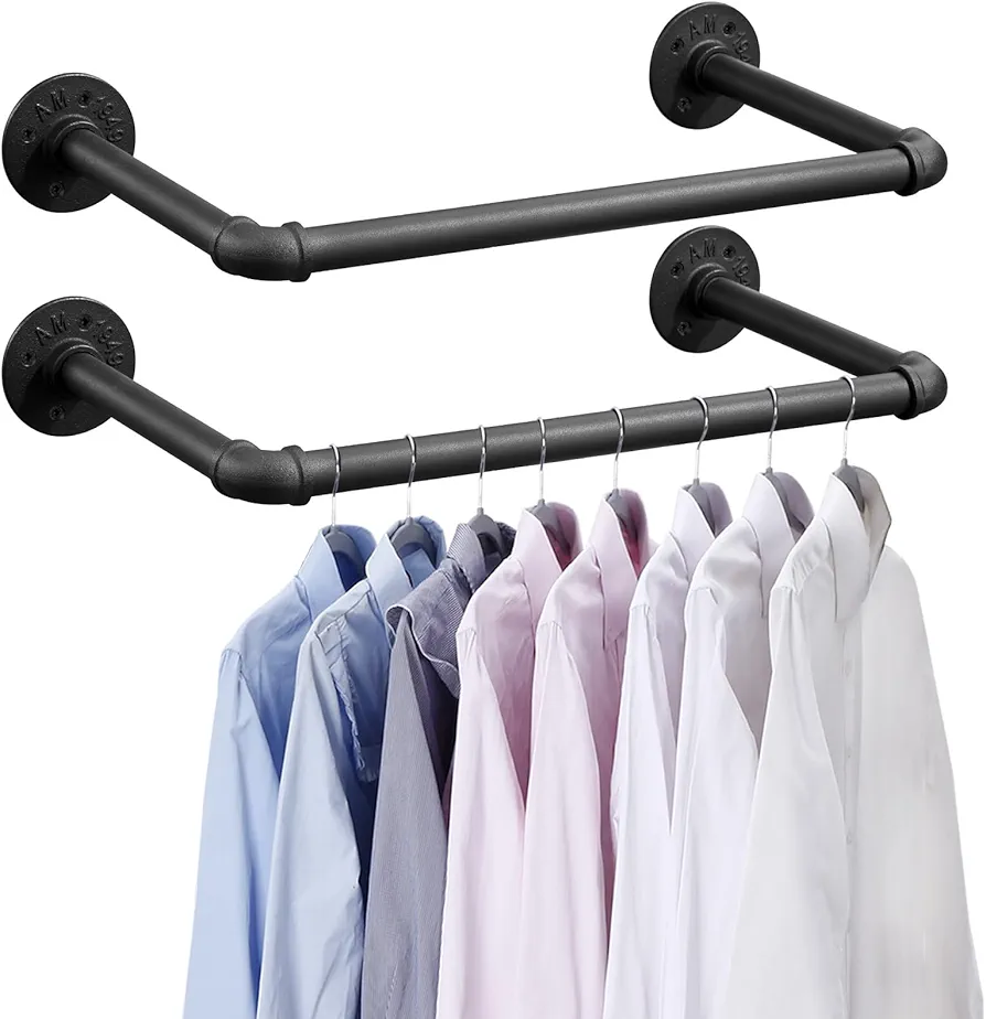 Industrial Pipe Clothes Rack Set of 2, 21” Heavy Duty Wall Mounted Clothing Rack Multi-Purpose Garment Bar, Space-Saving Hanging Rod for Laundry Room,Closet Storage