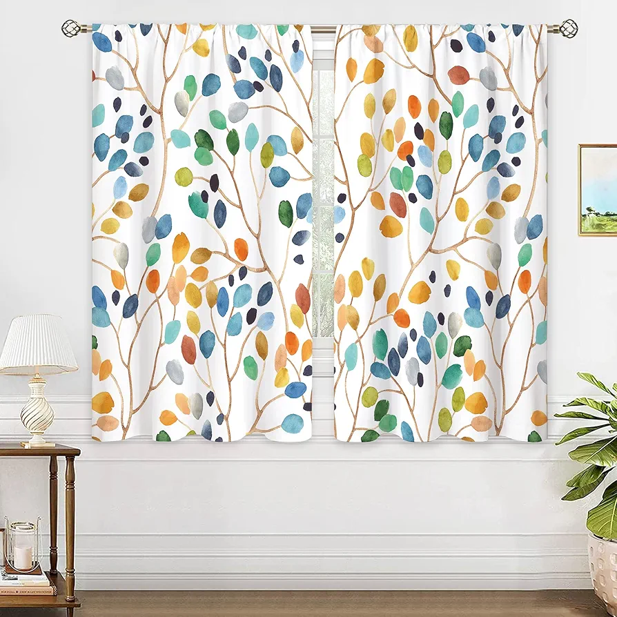 Colorful Leaf Floral Window Curtains Leaves Botanical Rod Pocket Flower Autumn Farmhouse Boho Plant Curtain Drapes Fall Curtains for Bedroom Living Room Treatment 2 Panels 42Wx63H Inch