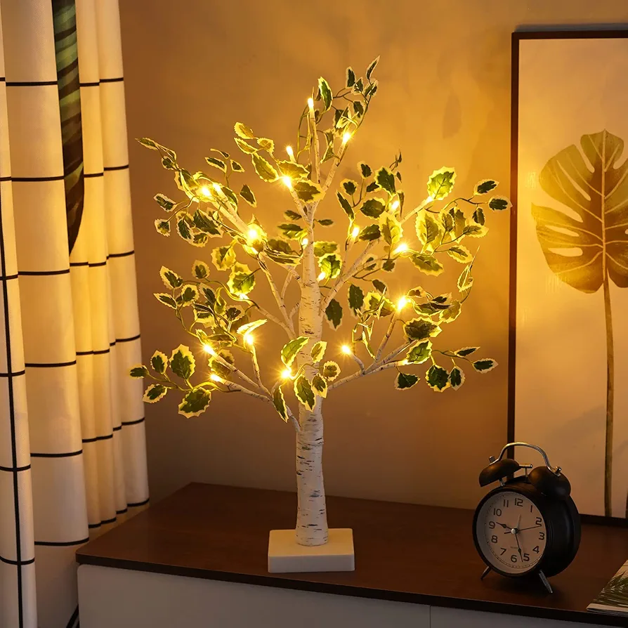 Green Leaf Birch Tree with LED Lights, 2 feet 24 LED Warm Light Up Christmas Tree, Timer Battery Operated or USB Plug in Tabletop Tree Lamp for Wedding Home Decoration