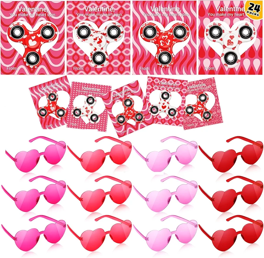 SCIONE Valentines Day Gifts for Kids, 24 Pack Valentines Fidget Spinner and 24 Pack Heart Sunglasses for Classroom Exchange Gifts Valentine Party Supplies