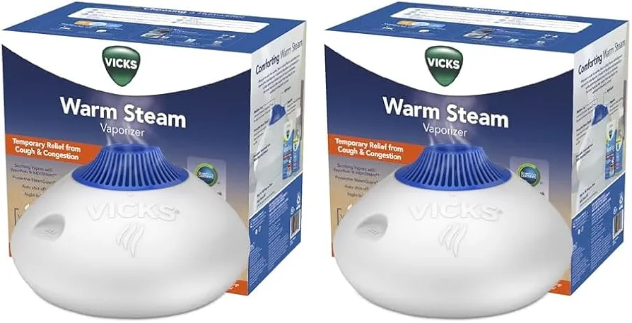 Vicks Warm Steam Vaporizer, Small to Medium Rooms, 1.5 Gallon Tank – Warm Mist Humidifier for Baby and Kids Rooms with Night Light, Works with Vicks VapoPads and VapoSteam (Pack of 2)