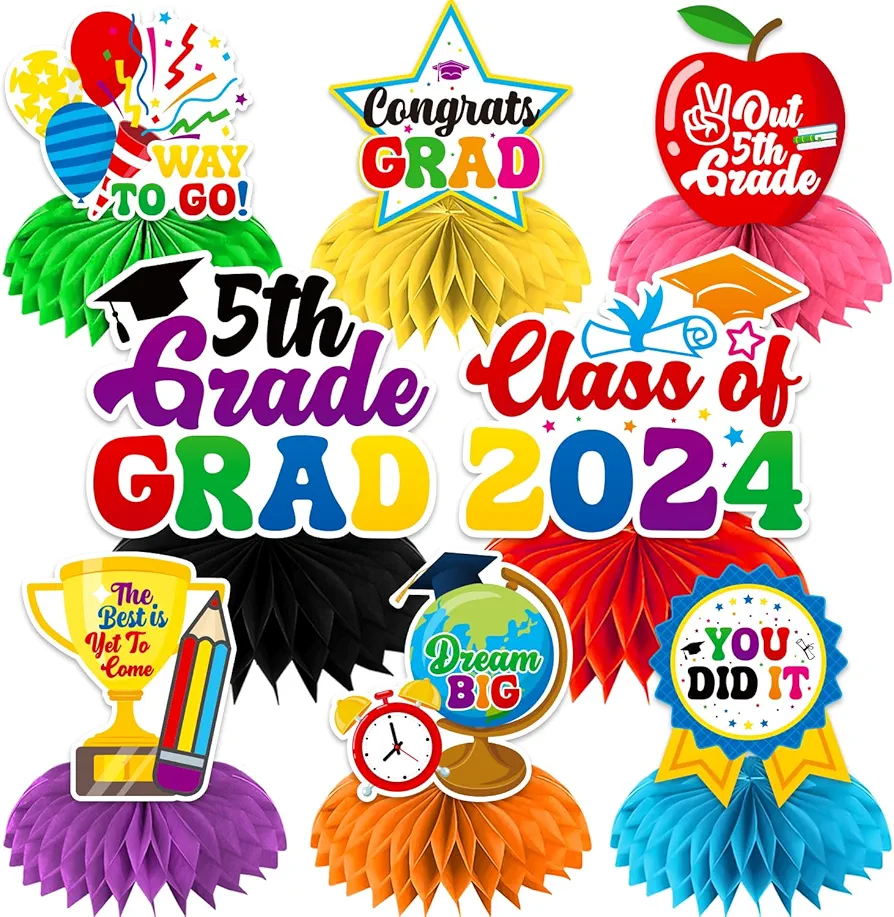 8Pc 5th Grade Graduation Decorations Honeycomb Centerpieces, 3D Double Side Fifth Grade Graduation Decorations for Table, Elementary School Graduation Decorations for Party Office Classroom