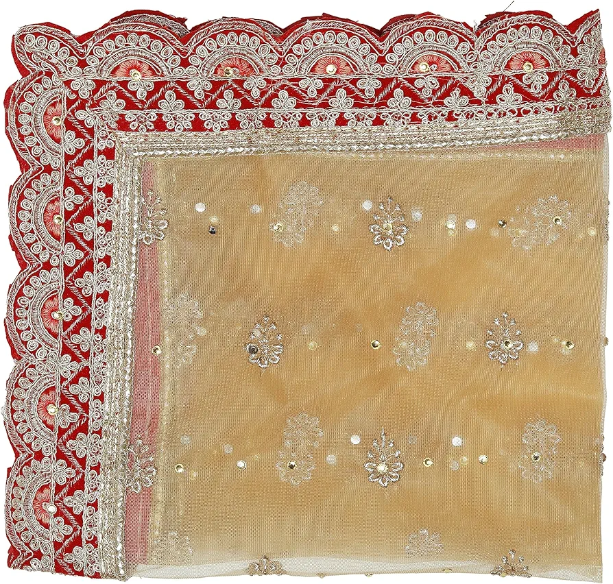 White Golden Decorative Backdrop Netted Cloth Pooja Chunari (Size :- 21 Inches x 41 Inches) Chunni for Indian Traditional Festival Decoration MATA Ki Chunri for Statue Chowki Aasan Mat Posters Frame