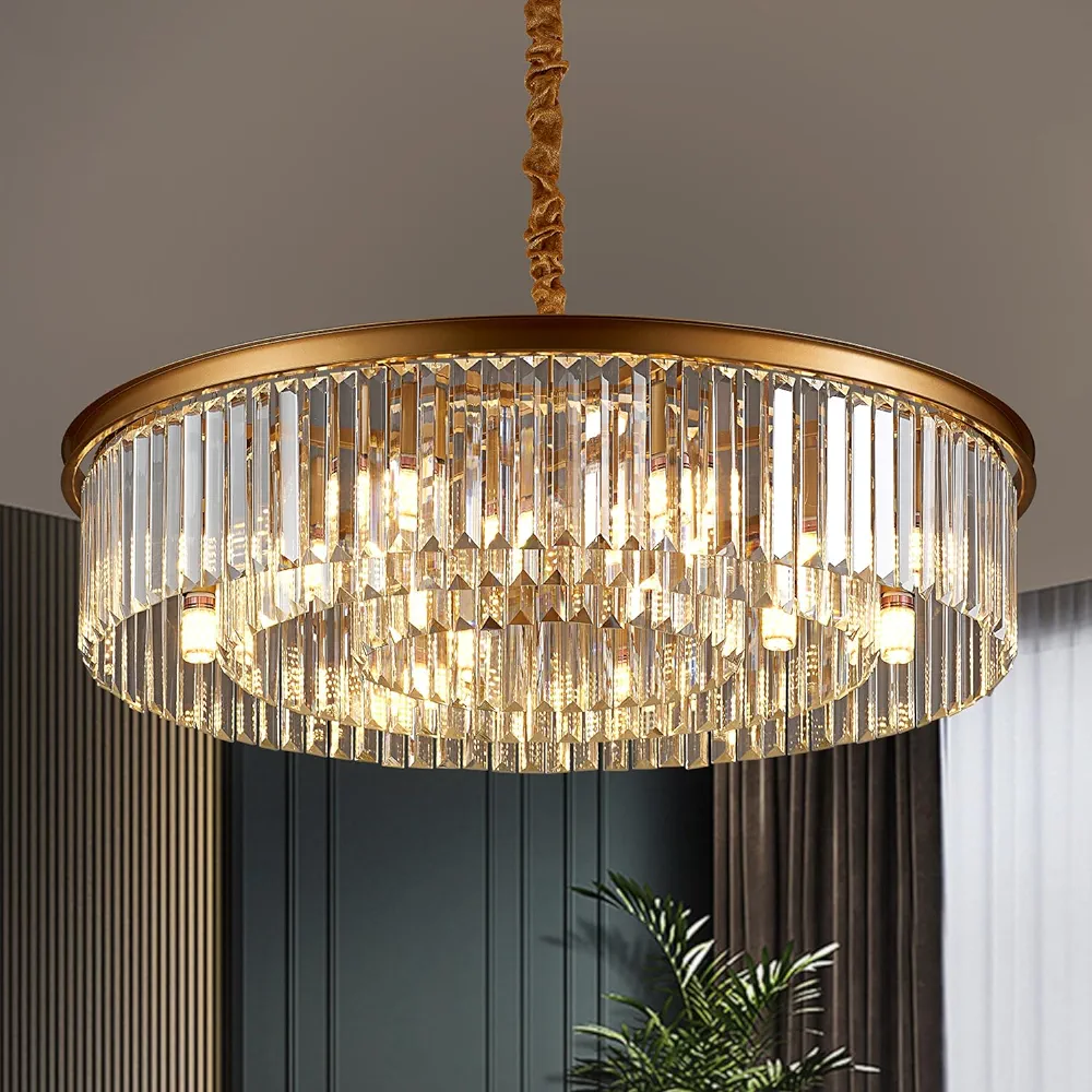 31.5" 12-Light Modern Crystal Chandelier Light Fixtures 3 Rings Gold Luxury Chandeliers for Living Room Glam Round Hanging Ceiling Pendant Lighting for Entryway Kitchen Bedroom Dining Room