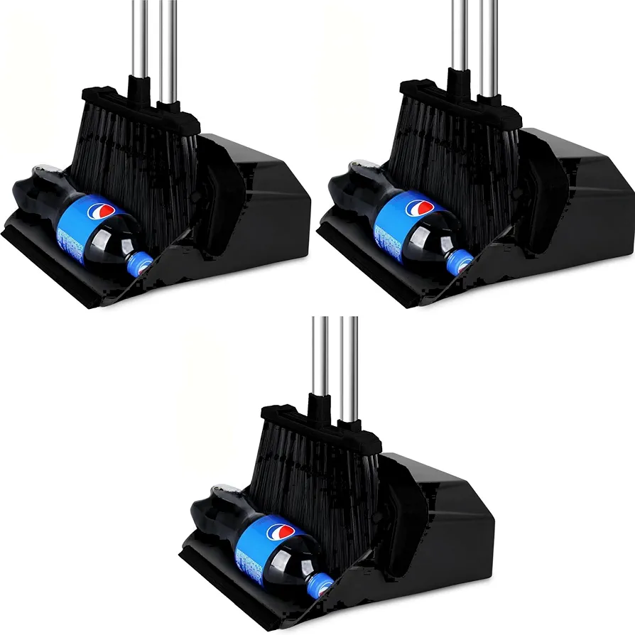 Upgrade Broom and Dustpan Set with 51'' Long Handle, Large Upright Brooms and Dust Pans, ZeroGap Lip, Self-Cleaning Dustpan Teeth for Lobby Kitchen Office Restaurant - Total Black