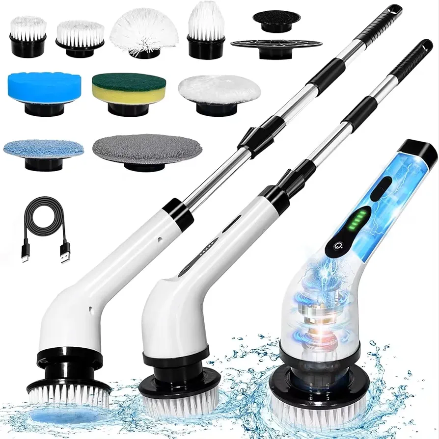 Electric spin scrubber,upgraded 2024 cordless shower scrubber with long handle,9 replaceable heads,Dual speed shower electric cleaning brush,electric mops for cleaning floor,bathroom,Home,Kitchen,Car