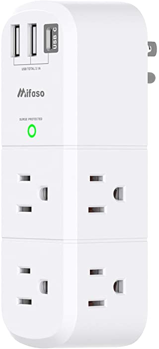 USB Outlet Extender Surge Protector - with Rotating Plug, 6 AC Multi Plug Outlet and 3 USB Ports (1 USB C), 1800 Joules, 3-Sided Swivel Power Strip with Spaced Outlet Splitter for Home, Office, Travel