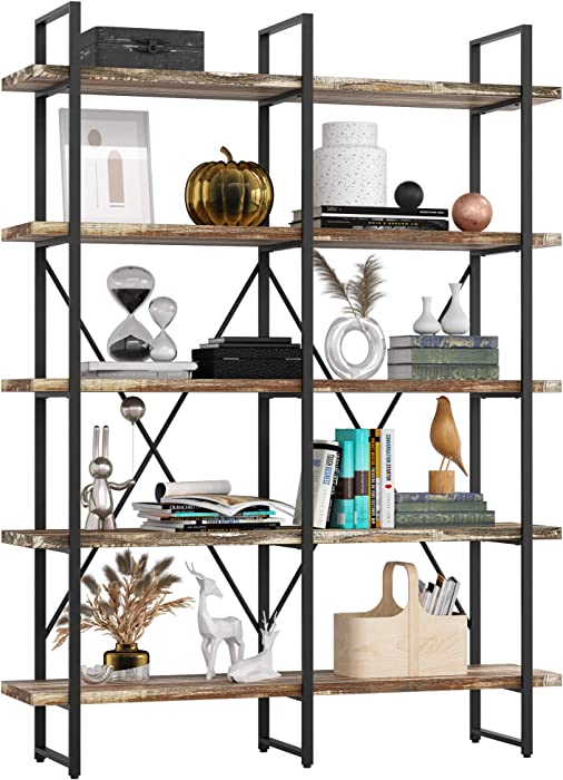 IRONCK Bookshelf, Double Wide 5-Tier Open Bookcase Vintage Industrial Large Shelves, Wood and Metal Etagere Bookshelves, for Home Decor Display, Office Furniture