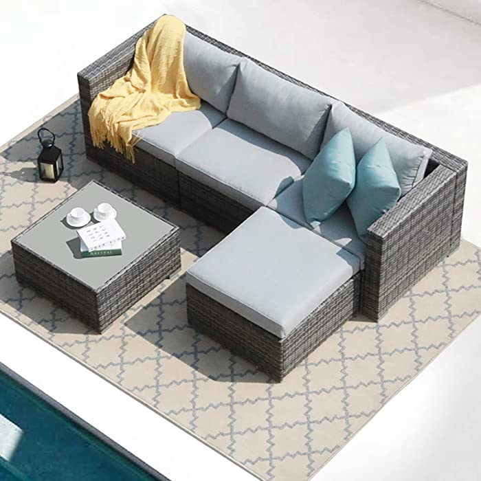 Patiorama 5 Piece Outdoor Patio Furniture Set, Outdoor Sectional Conversation Set, All-Weather Grey PE Wicker w/Light Grey Cushions, Outdoor Backyard Porch Garden Poolside Balcony Furniture Set