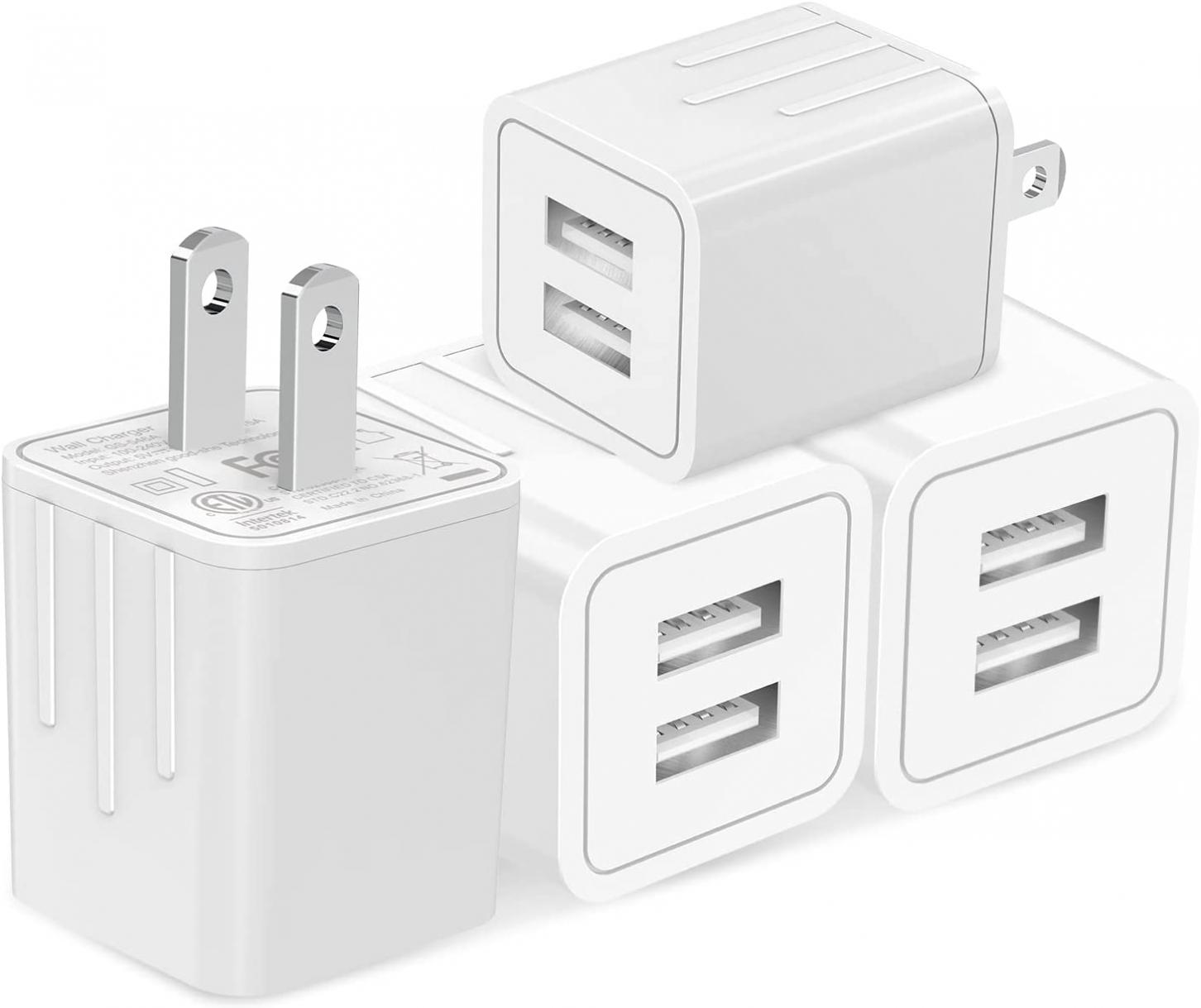 USB Wall Charger, tiavalmax 4-Pack 2.1A Dual Port USB Cube Power Adapter Charger Plug Block Charging Box Brick for iPhone,iPad,Samsung Galaxy,Google Pixel,Moto, LG, HTC, Motorola,Oneplus,Nokia,Kindle