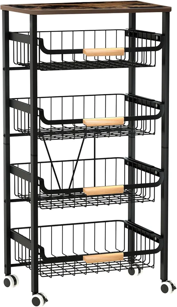 5-Tier Rolling Storage Cart with Wheels, Large Capacity Kitchen Cart, Mobile Utility Cart with Wooden Tabletop and Mesh Baskets, Bathroom, Laundry Room