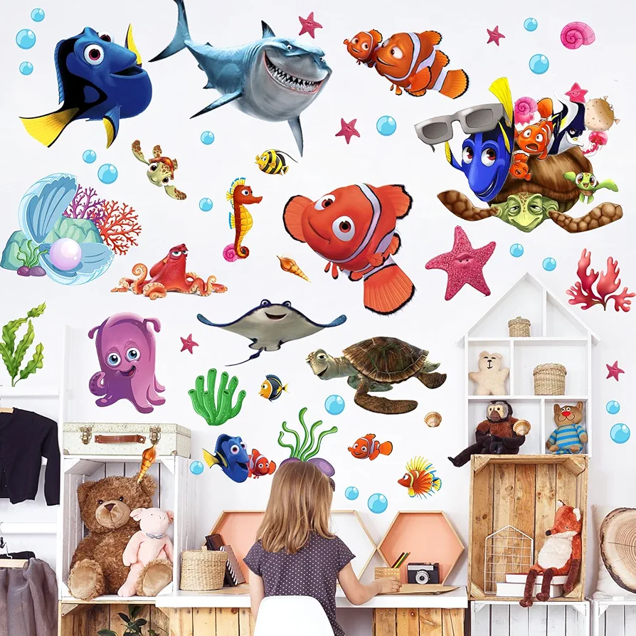 2Pcs Cartoon Wall Decals Ocean World Fish Characters Wall Stickers Ideal for Children's Bedroom Bathroom Living Room Playroom Readng Room Wall Decor