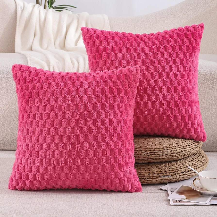 All Smiles Hot Pink Throw Pillow Covers 20x20 Set of 2 Preppy Faux Fur Boho Soft Fluffy Decorative Cushion Covers Pillow Cases Home Décor Decorations for Couch Bed Liviing Room Sofa,Double-Sided