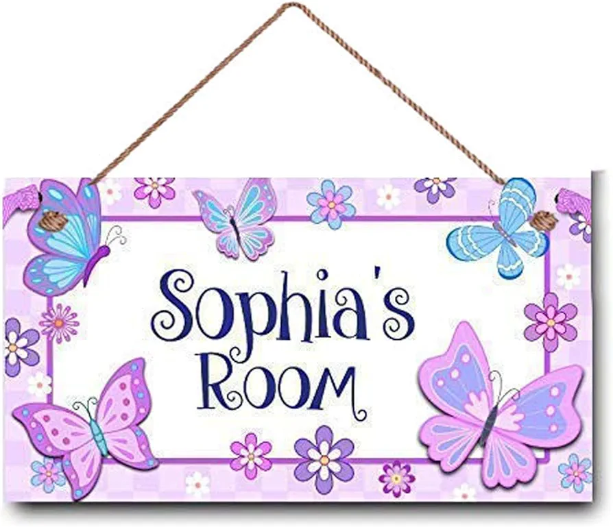 Personalized Name's Pretty Purple and Pink Butterflies Nursery Kid's Children's Girls Bedroom Door Sign Wood Plaque Sign Wall Decor Gift