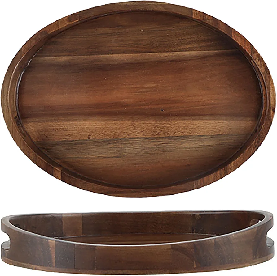 Wood Serving Tray with Handles - 14"x11"Acacia Wood Oval Tray for Living Room, Coffee Table, Breakfast in Bed (Large)